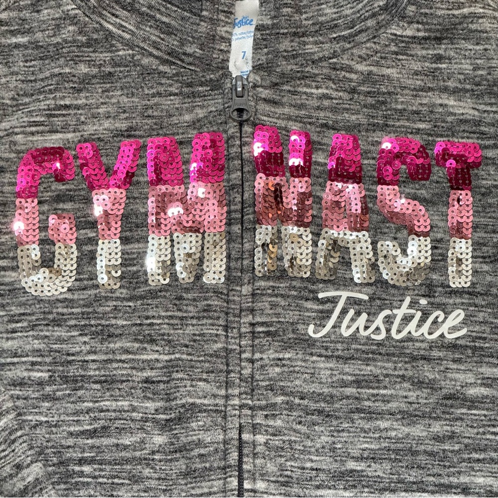 JUSTICE girls gray zip up hoodie sequins “gymnast” sweatshirt size 7 ombré pink